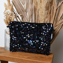 Pochette tissu sequins violet noir