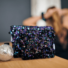 Mini pochette tissu sequins violet noir